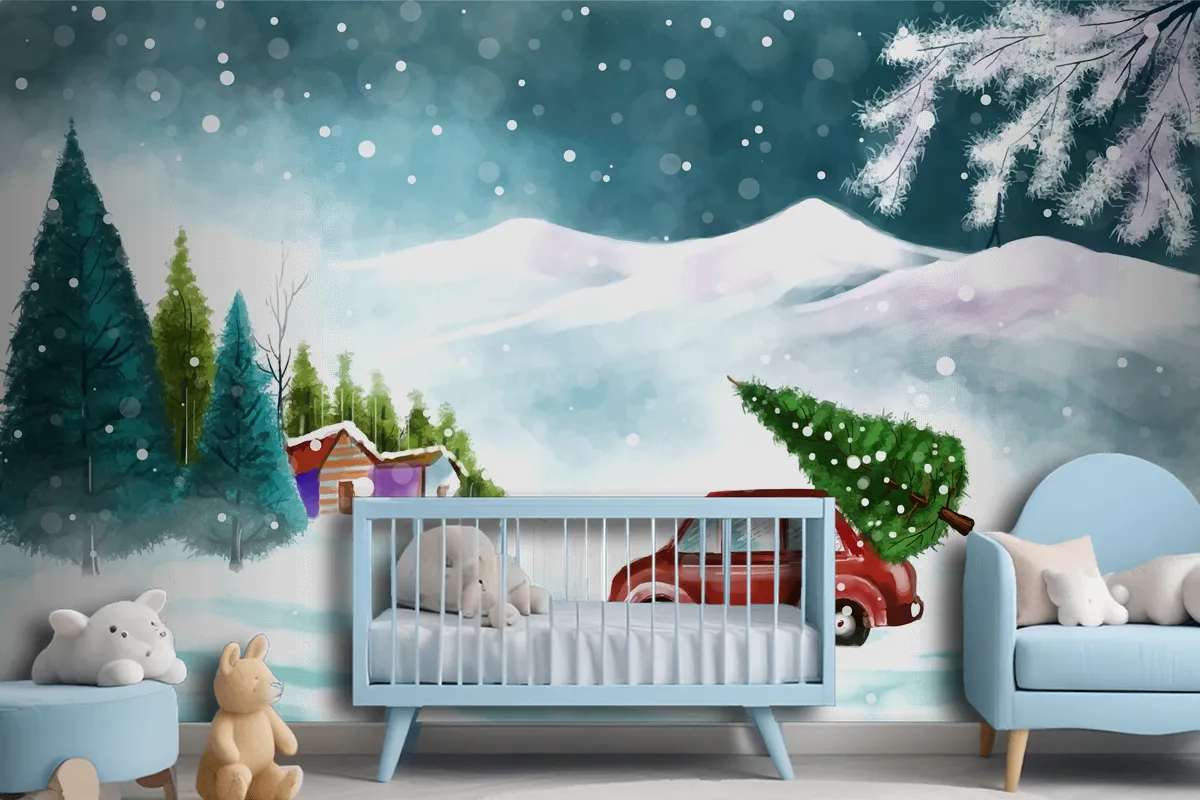 Beautiful Winter Landscape With Car In Snowy Christmas Tree Wallpaper Mural