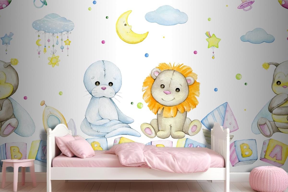 Bee Lion Seal Cubes With Letters Moon Stars Clouds Wallpaper Mural