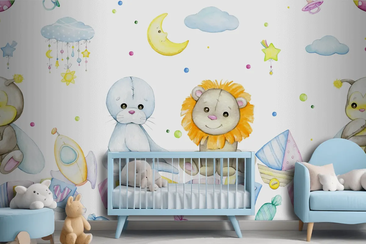 Bee Lion Seal Cubes With Letters Moon Stars Clouds Wallpaper Mural