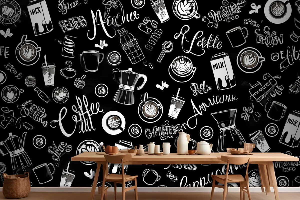 Black & White Coffee Cup Pattern Wallpaper Mural