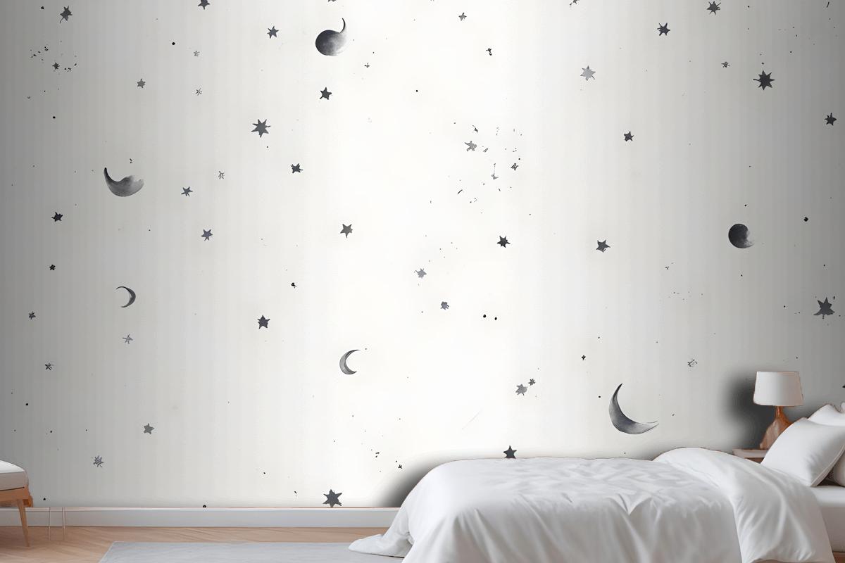 Black & White Moon & Stars Wallpaper Mural