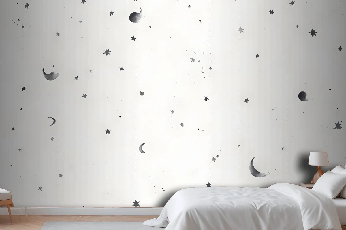 Black & White Moon & Stars Wallpaper Mural