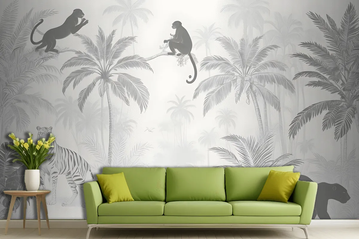 Black And White Jungle Palm Trees Flowers Animal Silhouettes Wallpaper Mural