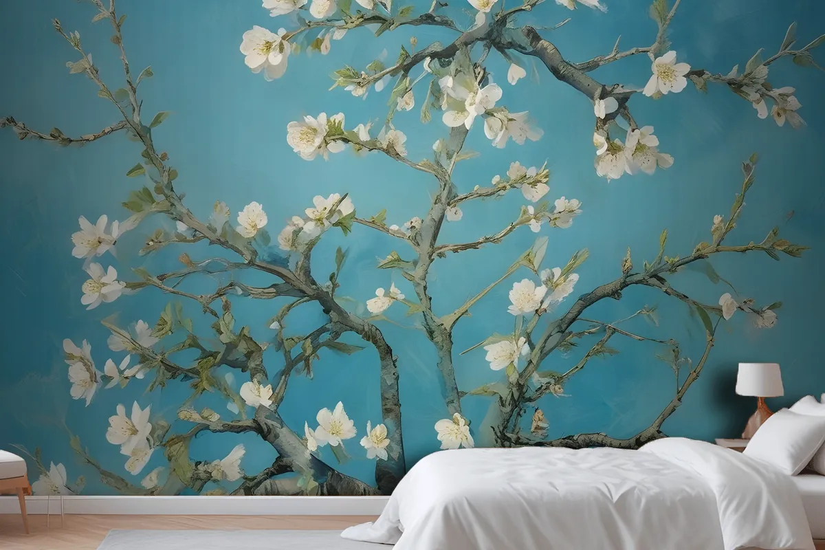 Blooming Almond Tree Branches Against A Blue Sky Wallpaper Mural