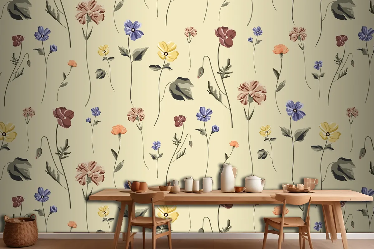 Blooming Flower Seamless Pattern On A Beige Wallpaper Mural