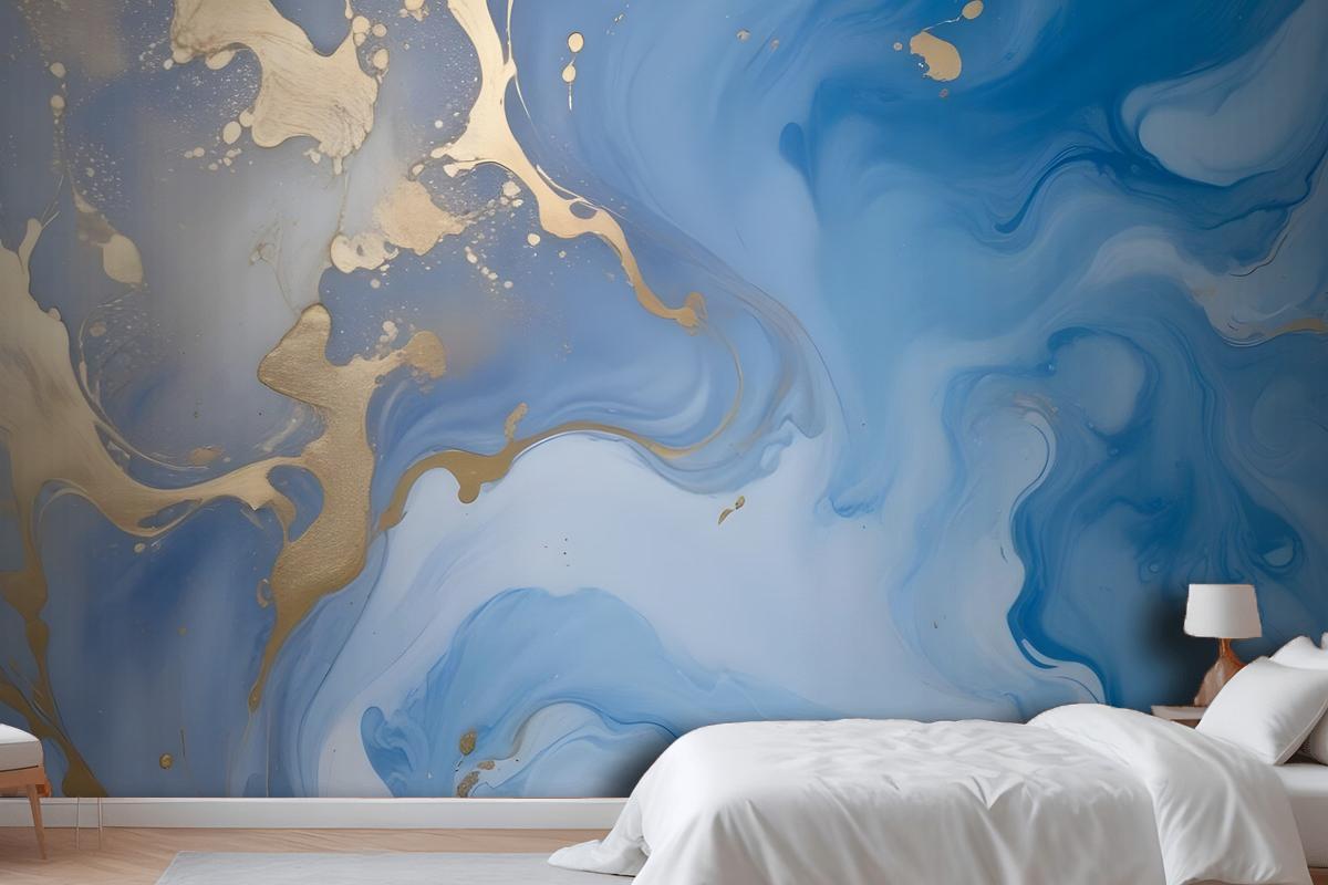 Blue Gold Look Marble With Splash Wallpaper Mural