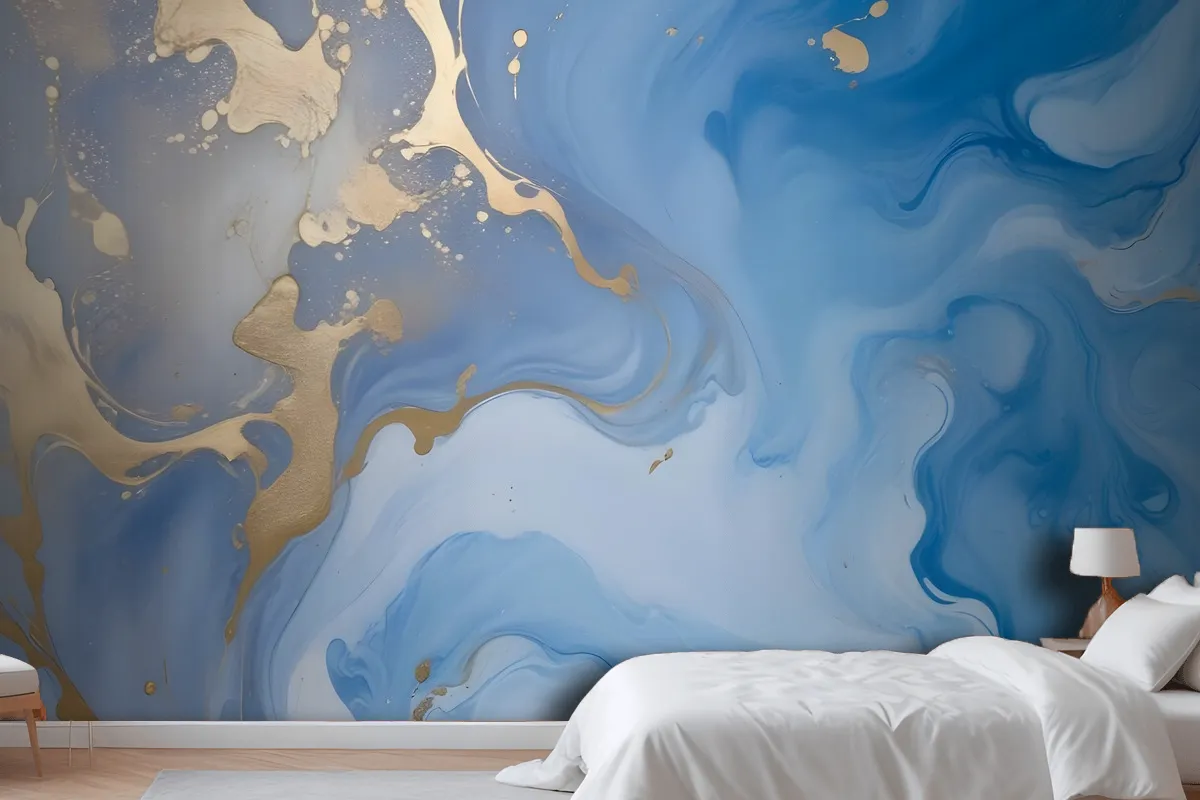 Blue Gold Look Marble With Splash Wallpaper Mural