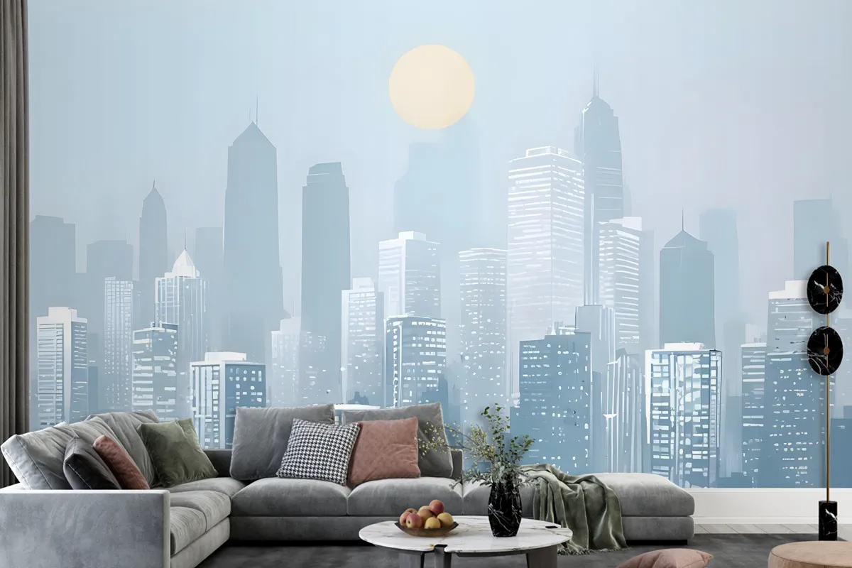 Blue Monochrome Cityscape And Soft Sun Wallpaper Mural