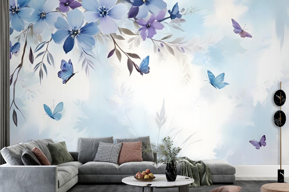 Blue Purple Floral With Little Butterfly Wallpaper Mural