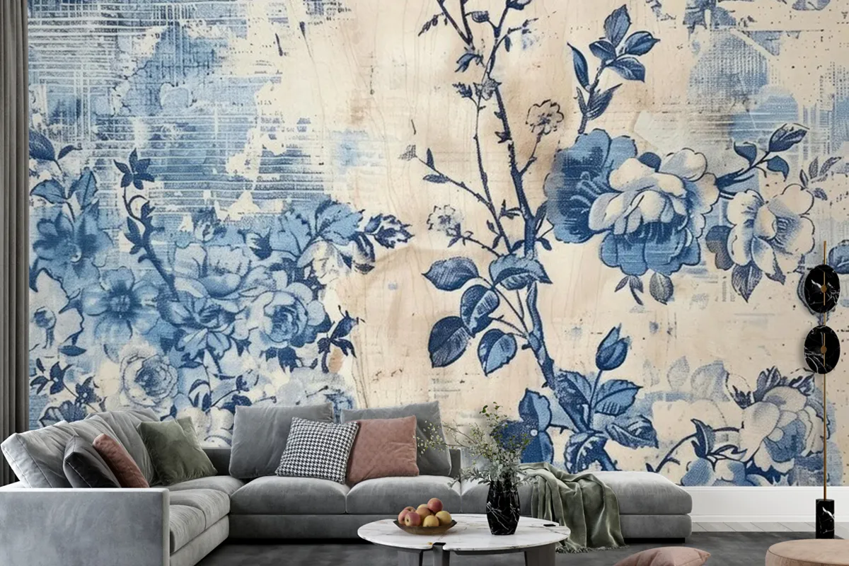 A Blue And White Floral Print Is On A Blue And White Wallpaper Mural