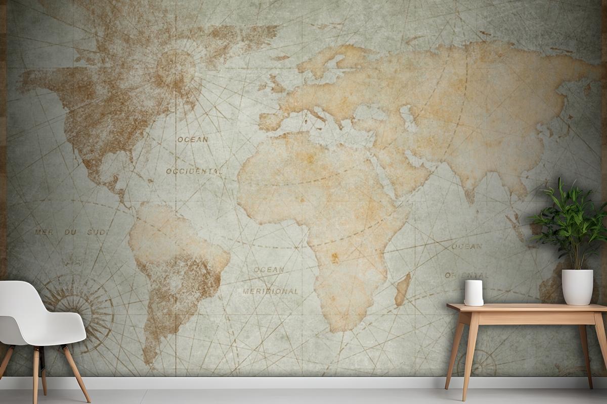 Blue Worn Vintage World Map Wallpaper Mural