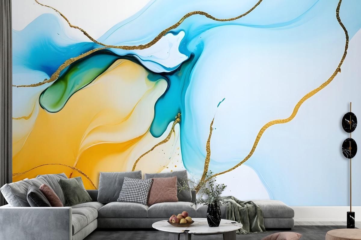 Blue Yellow Watercolor Brush With Modern Lines Wallpaper Mural