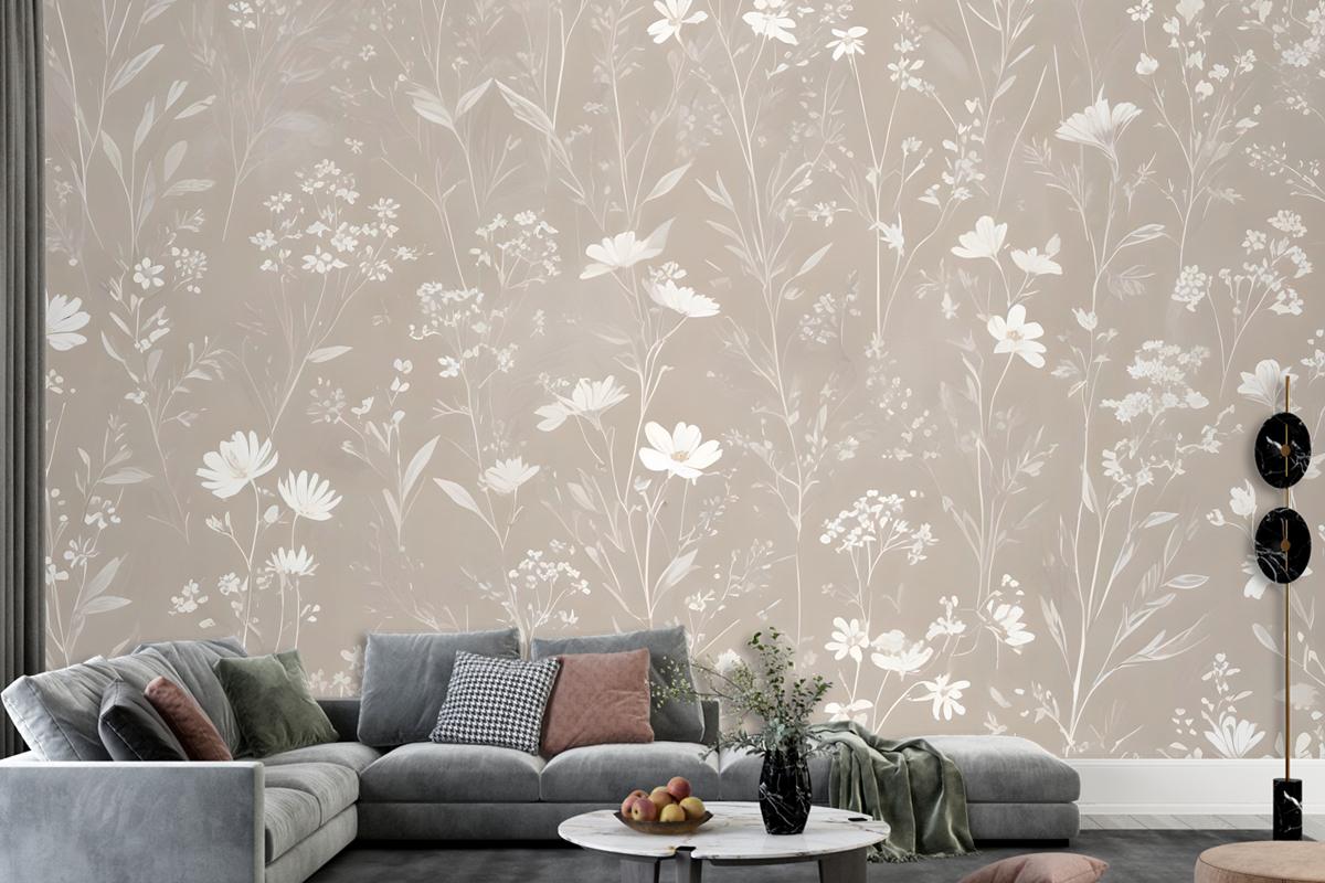 Bohemian Style Neutral Color Wild Flowers Art Wallpaper Mural