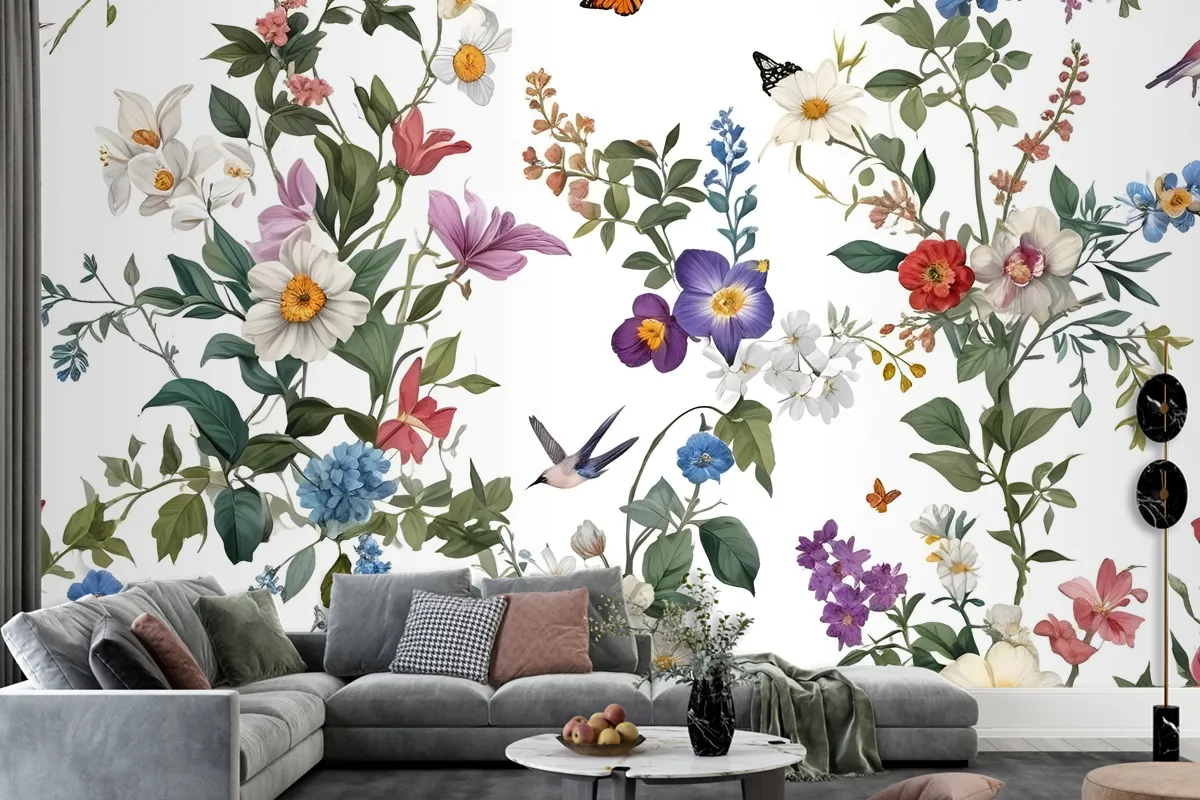 Botanical Flowers Floral With Birds Wallpaper Mural