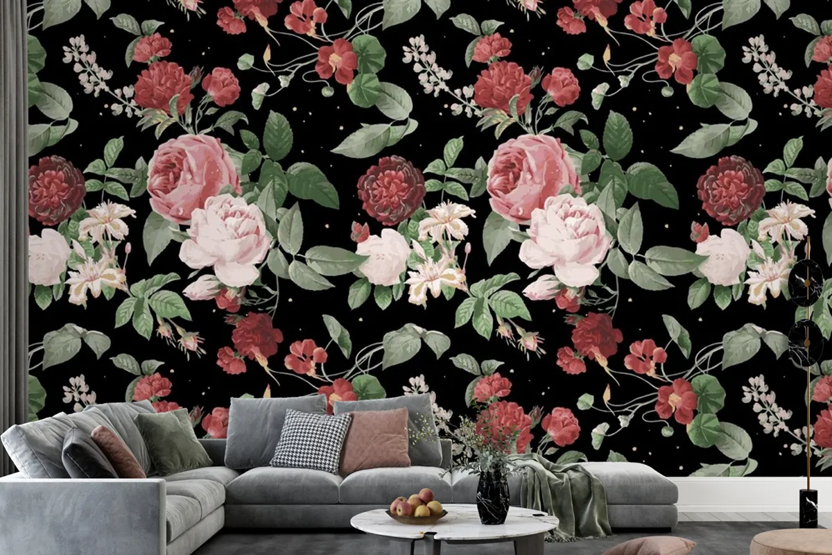 Botanical Valentine's roses pattern watercolor wallpaper mural