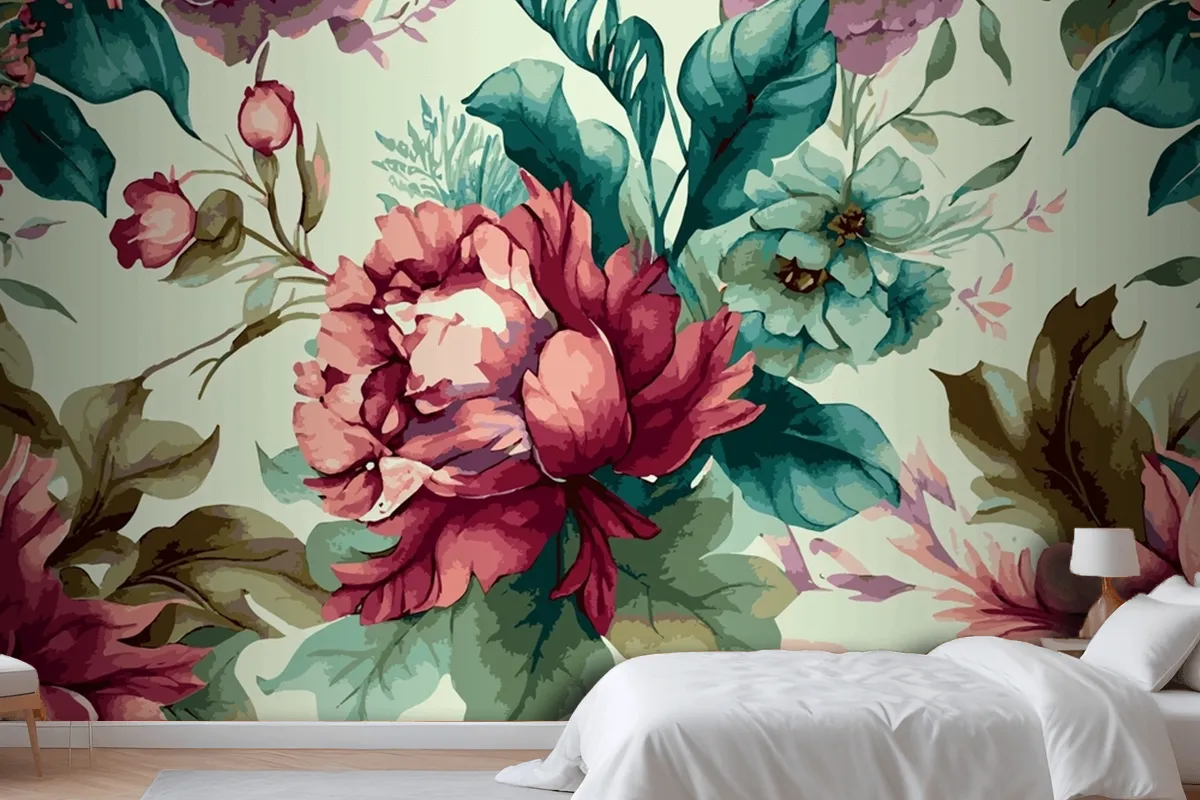 Botanical Watercolor Hand Drawn Flowers Wallpaper Mural