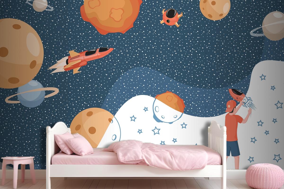 Boy Drawing Cosmos Planets Spaceships And Stars Wallpaper Mural