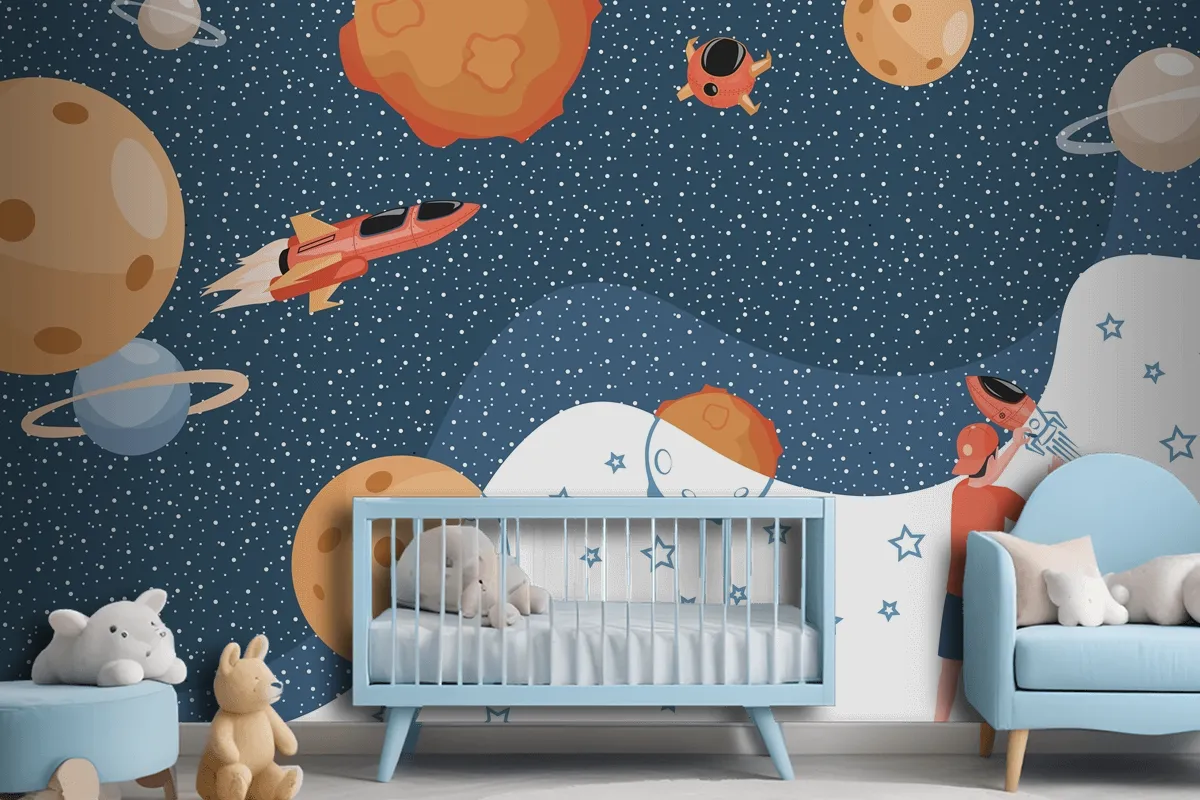 Boy Drawing Cosmos Planets Spaceships And Stars Wallpaper Mural