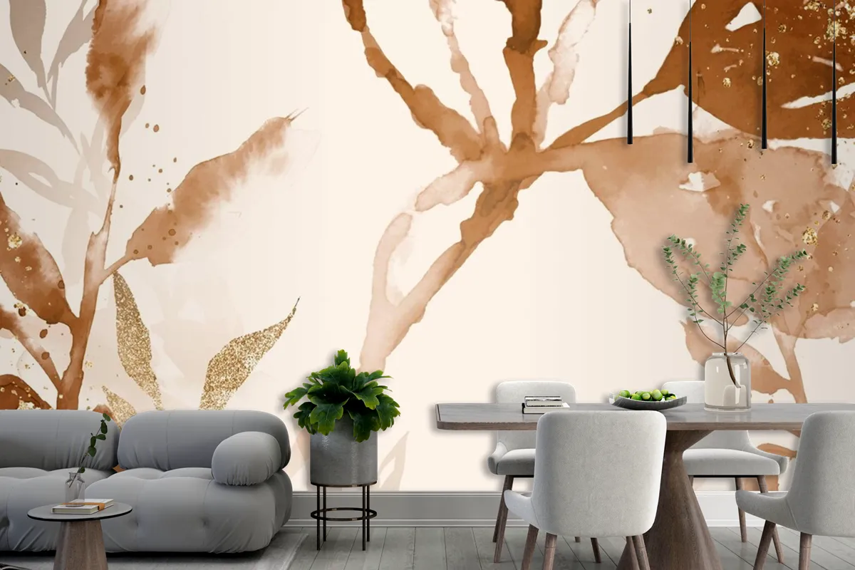 Brown Watercolor Leaf Background Aesthetic Autumn Season Wallpaper Mural