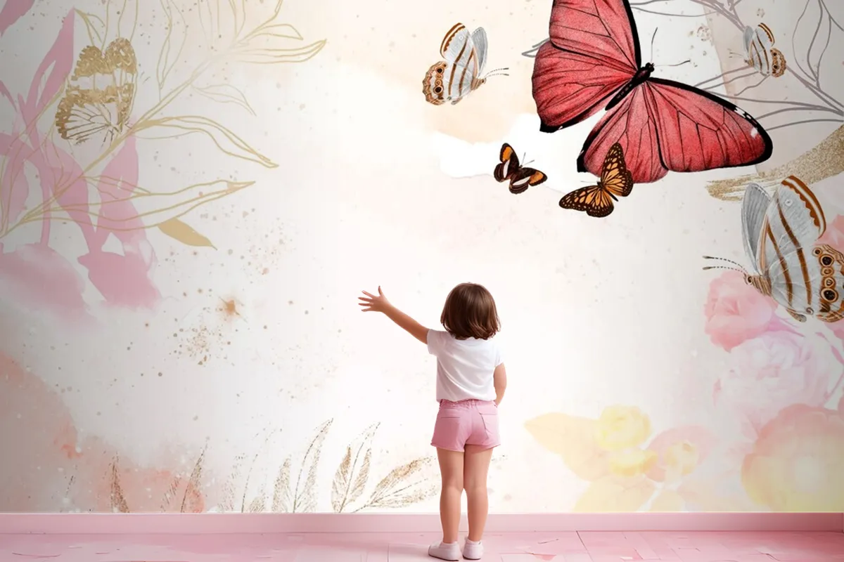 Butterfly Background Aesthetic Border With Flowers Wallpaper Mural