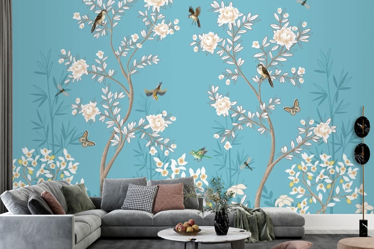 Chinoiserie Mural With Peonies And Birds Wallpaper Mural