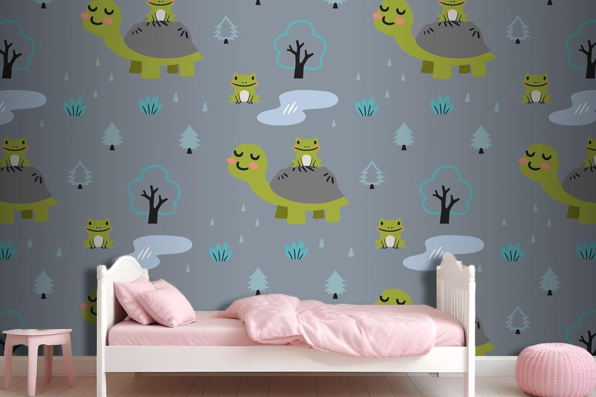 Cartoon Animals Pattern With Cute Mom Turtle And Frogs Wallpaper Mural