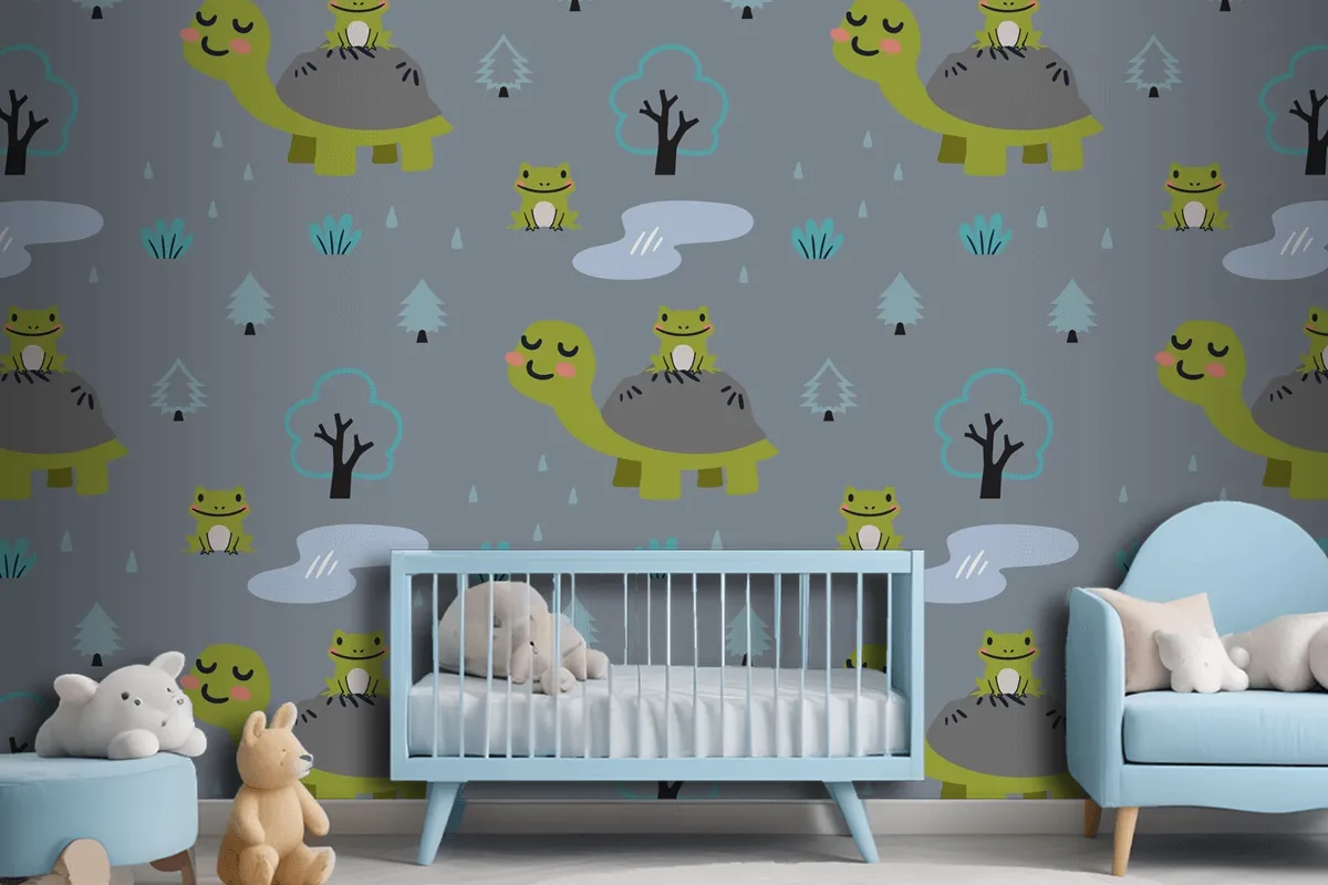 Cartoon Animals Pattern With Cute Mom Turtle And Frogs Wallpaper Mural