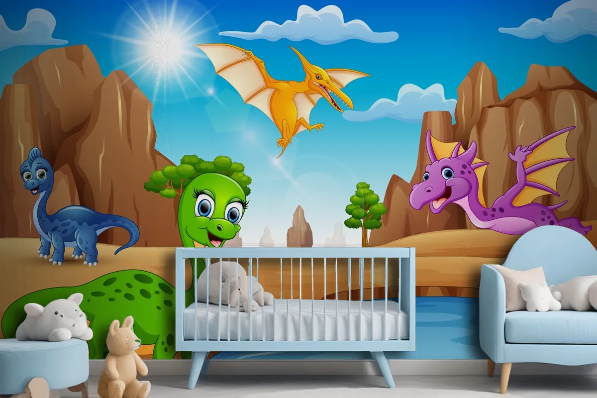 Cartoon Happy Dinosaurs Living In The Desert Wallpaper Mural