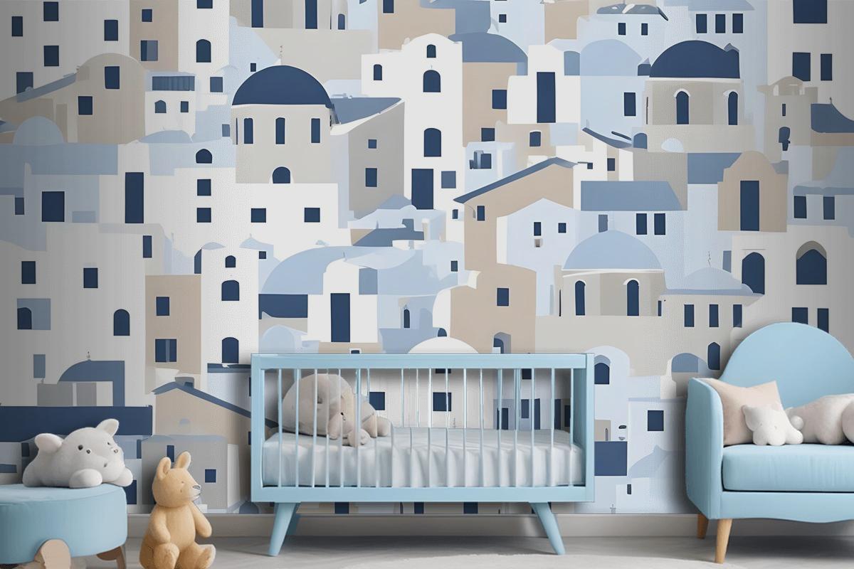 Cartoon Old Blue Greek House Wallpaper Mural