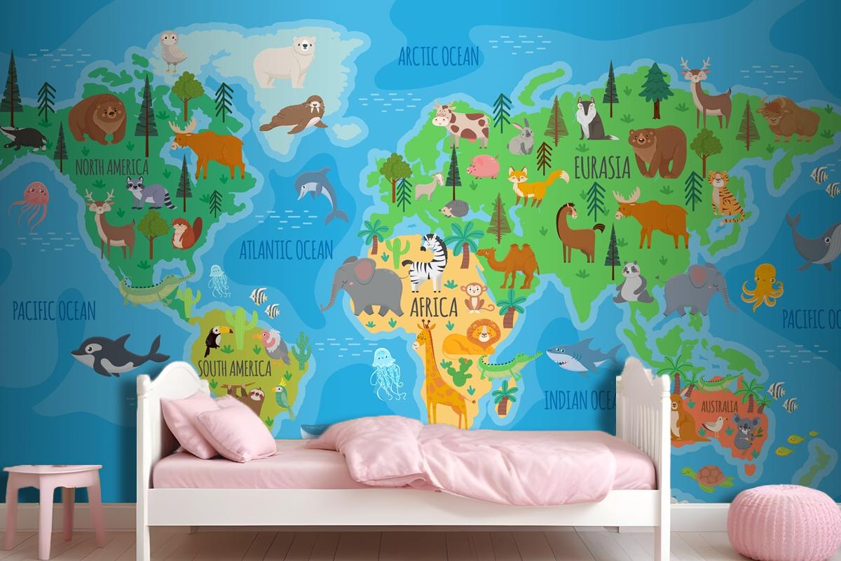 Cartoon World Map For Kids Nursery With Forest Animals Wallpaper Mural