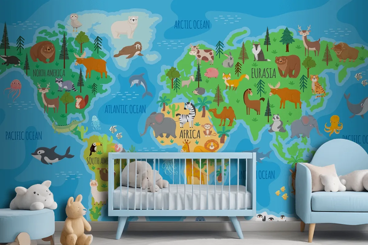 Cartoon World Map For Kids Nursery With Forest Animals Wallpaper Mural