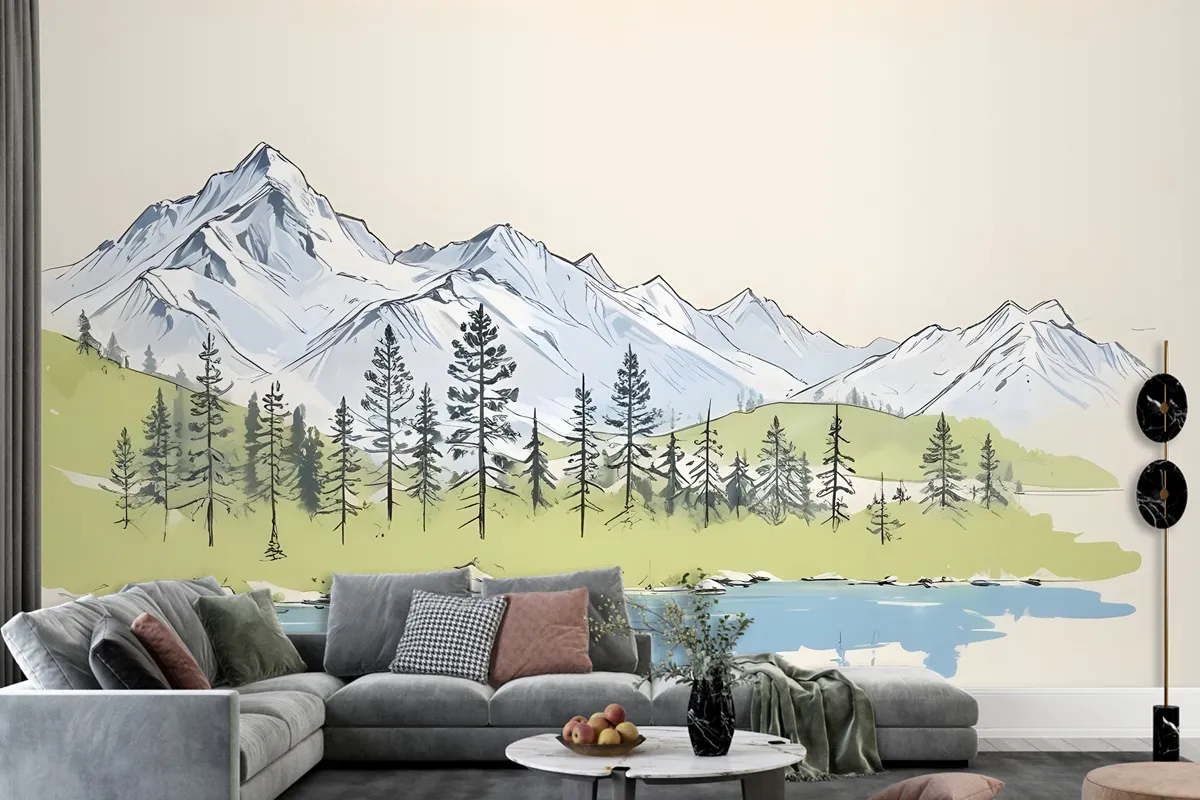 Charcoal Mountain Landscape With Lake And Pine Trees Wallpaper Mural