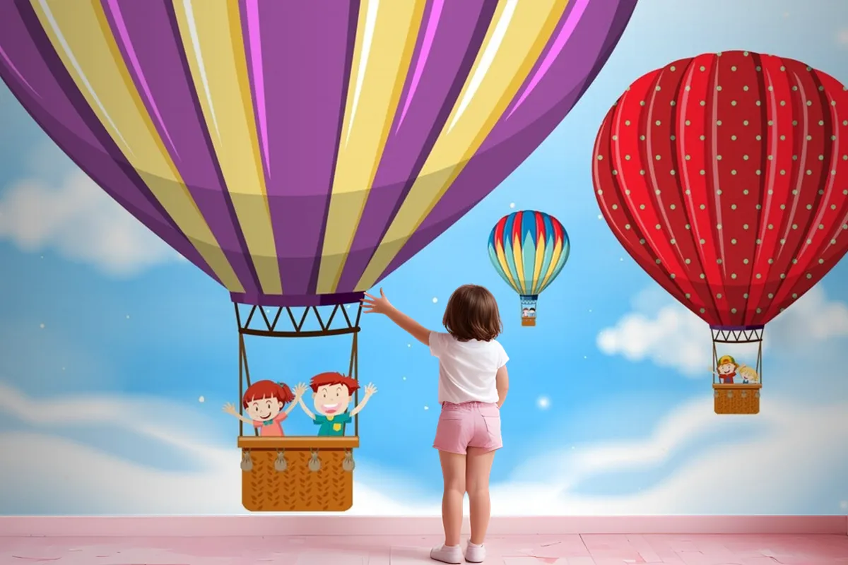 Children Riding Hot Air Balloon Wallpaper Mural