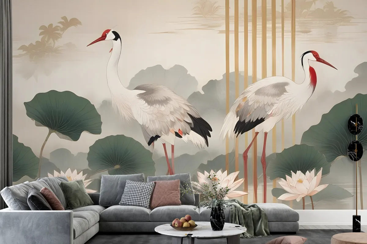 Chinese Crane Birds With Lotus Florals Wallpaper Mural