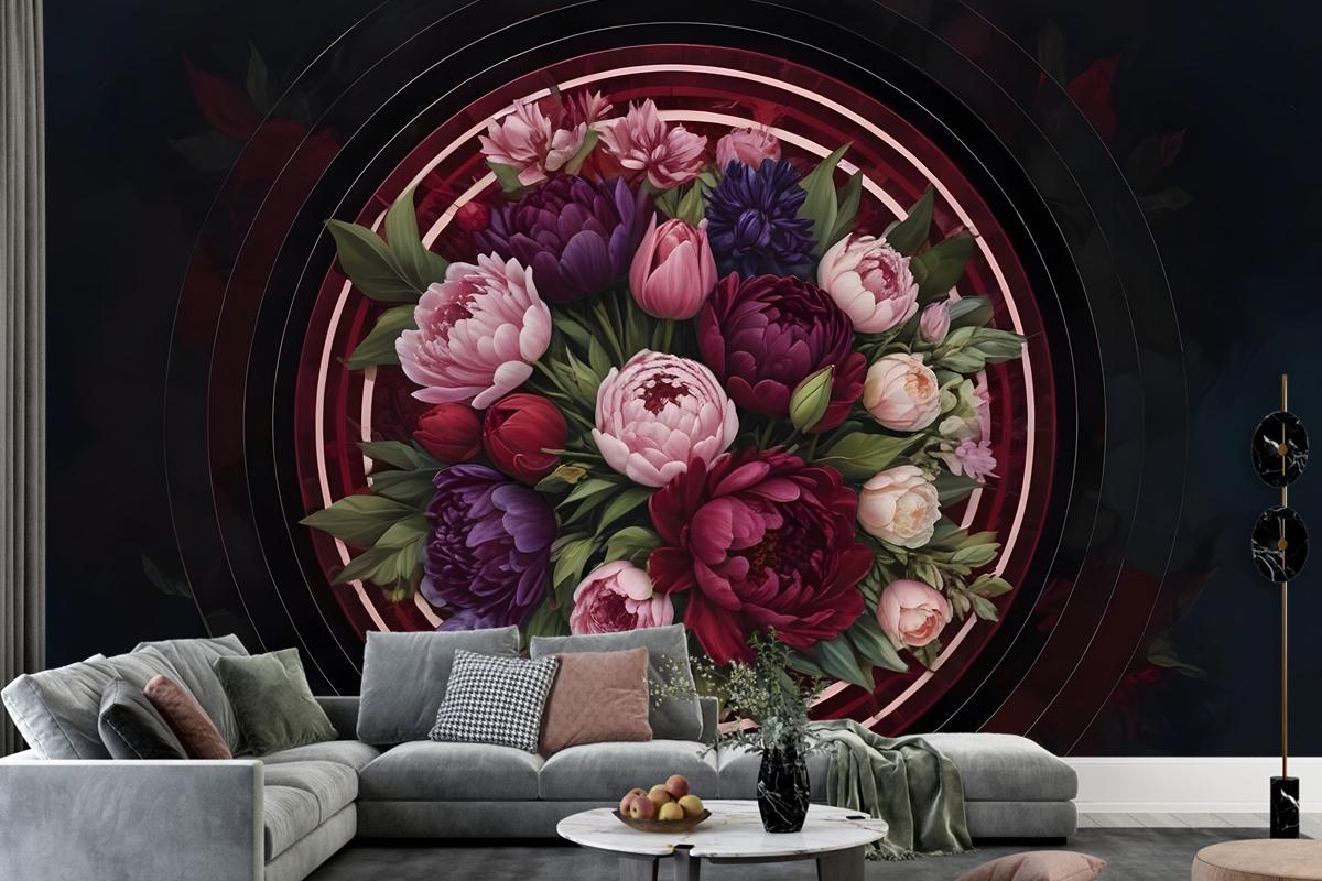 Circle Dark Floral Wallpaper Mural