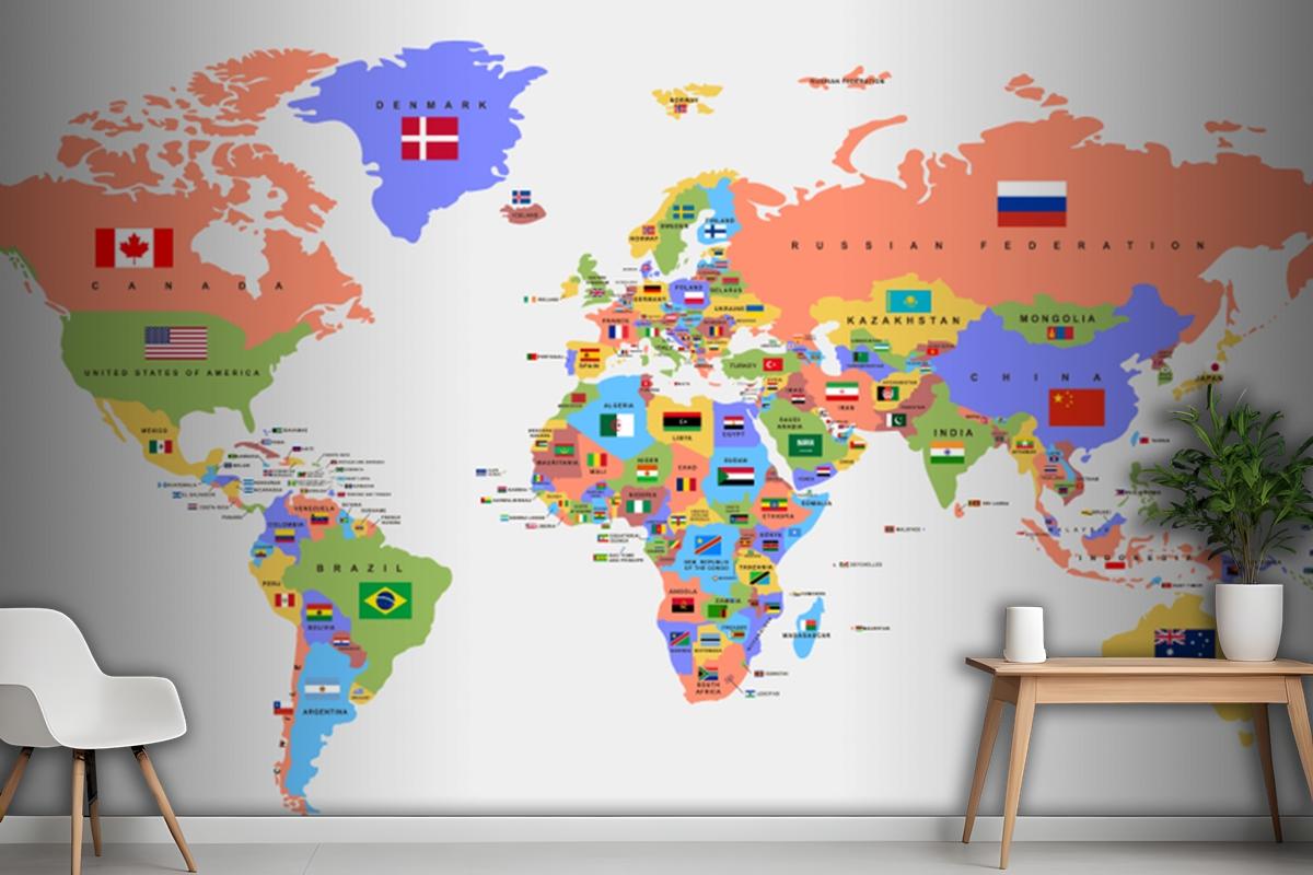 Color World Map With The Names Of Countries And National Flags Wallpaper Mural