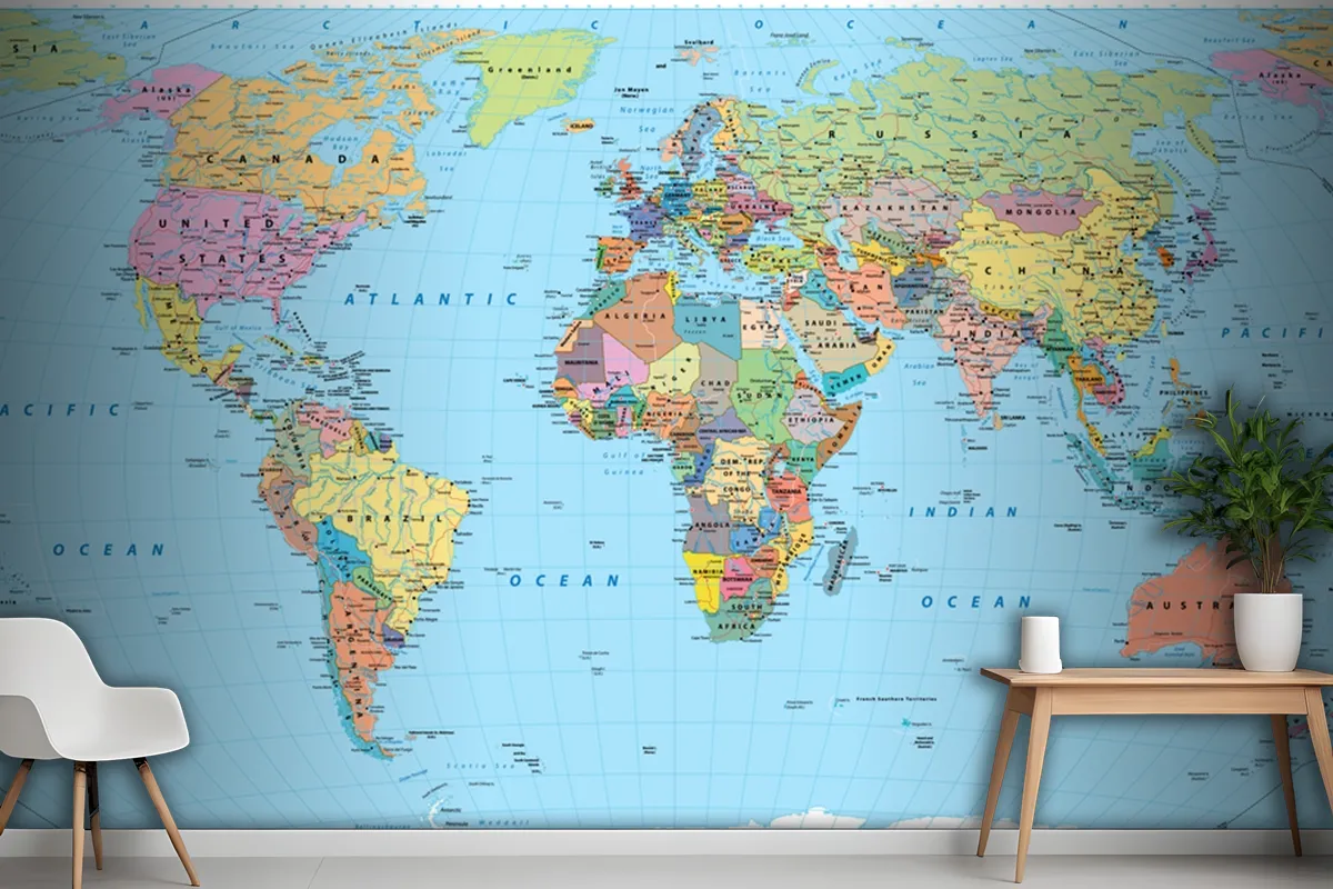 Colored World Map Borders Countries Roads And Cities Wallpaper Mural