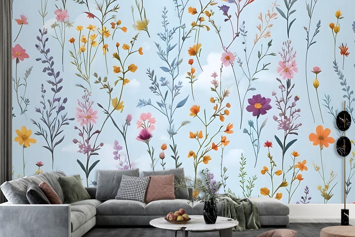 Colorful Blossoms Blue Wallpaper Mural