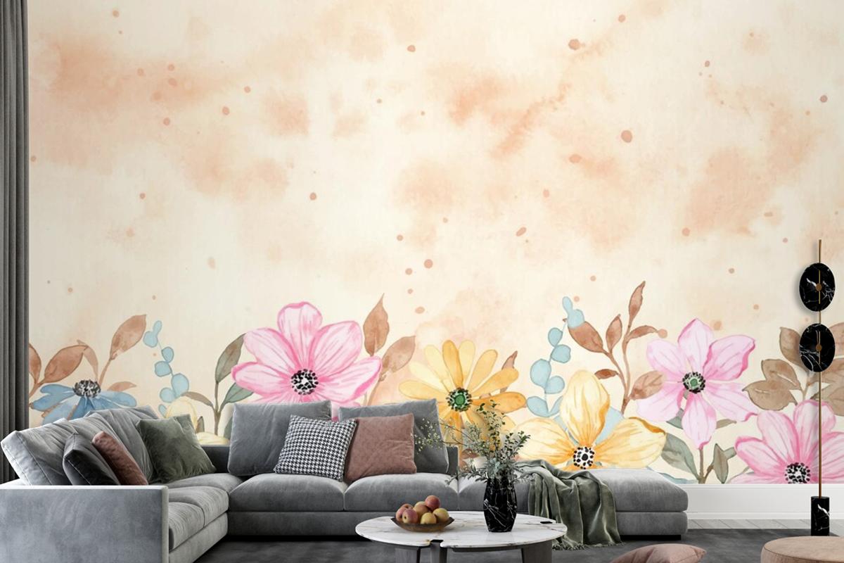 Colorful Floral Garden Background With Watercolor Wallpaper Mural