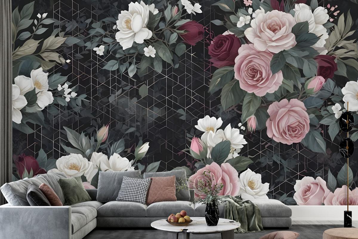 Colorful Floral With Dark Geometric Pattern Wallpaper Mural