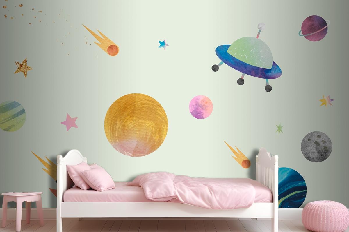 Colorful Galaxy Pattern Background In Cute Watercolor Style Wallpaper Mural