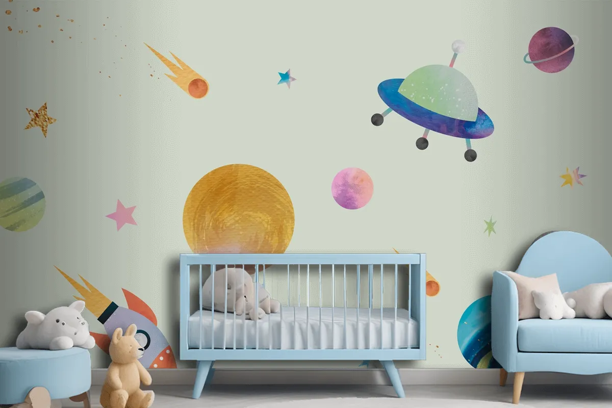 Colorful Galaxy Pattern Background In Cute Watercolor Style Wallpaper Mural