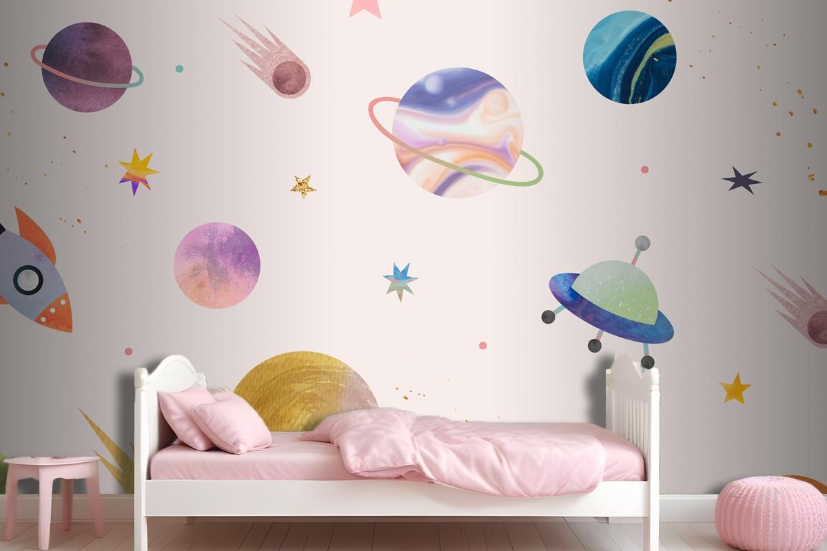 Colorful Galaxy Watercolor Doodle On Pastel Background Wallpaper Mural