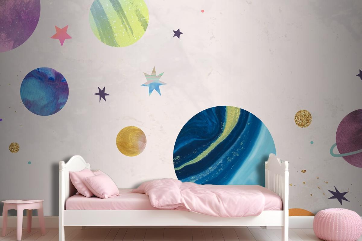 Colorful Galaxy Watercolor Doodle On Pastel Wallpaper Mural