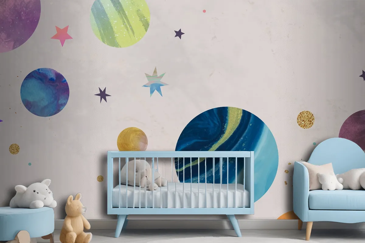 Colorful Galaxy Watercolor Doodle On Pastel Wallpaper Mural