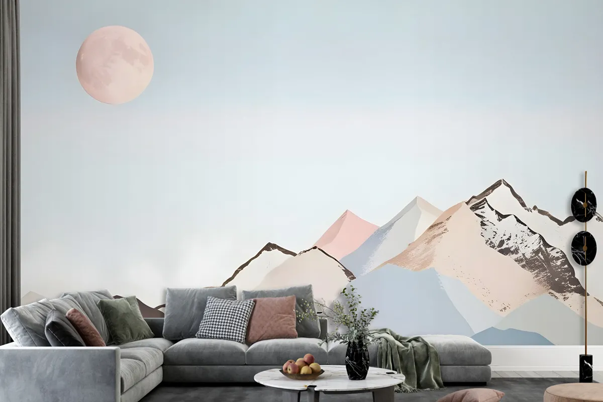 Colorful Mountain With Pink Moon Wallpaper Mural