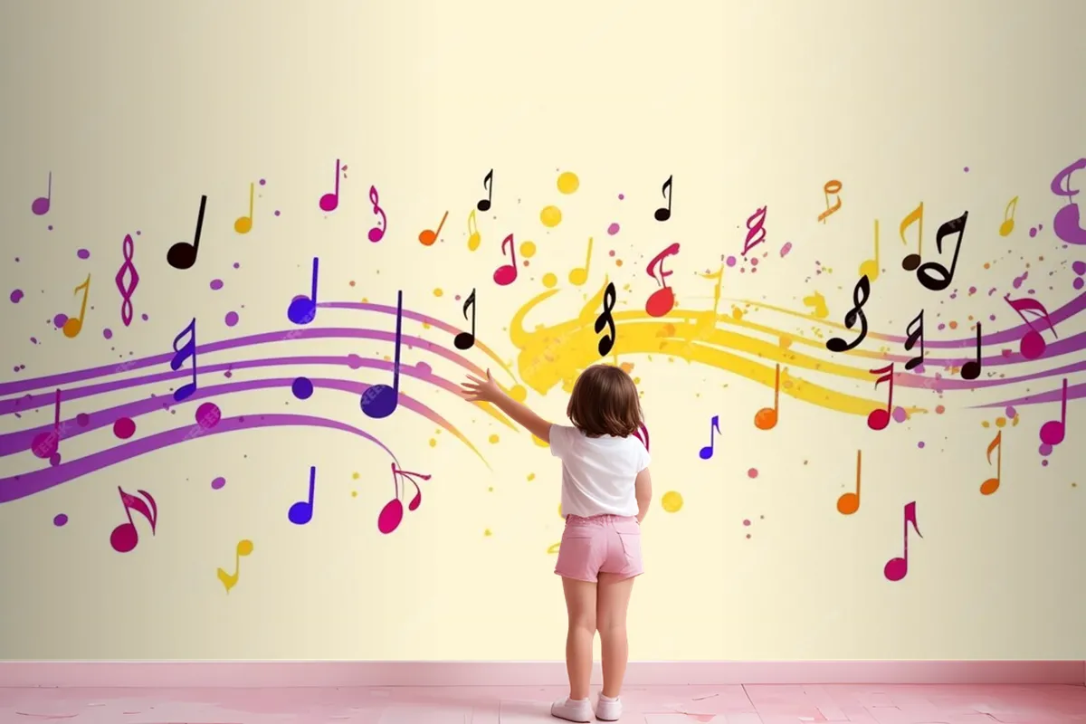 Colorful Musical Notes Yellow Background Wallpaper Mural