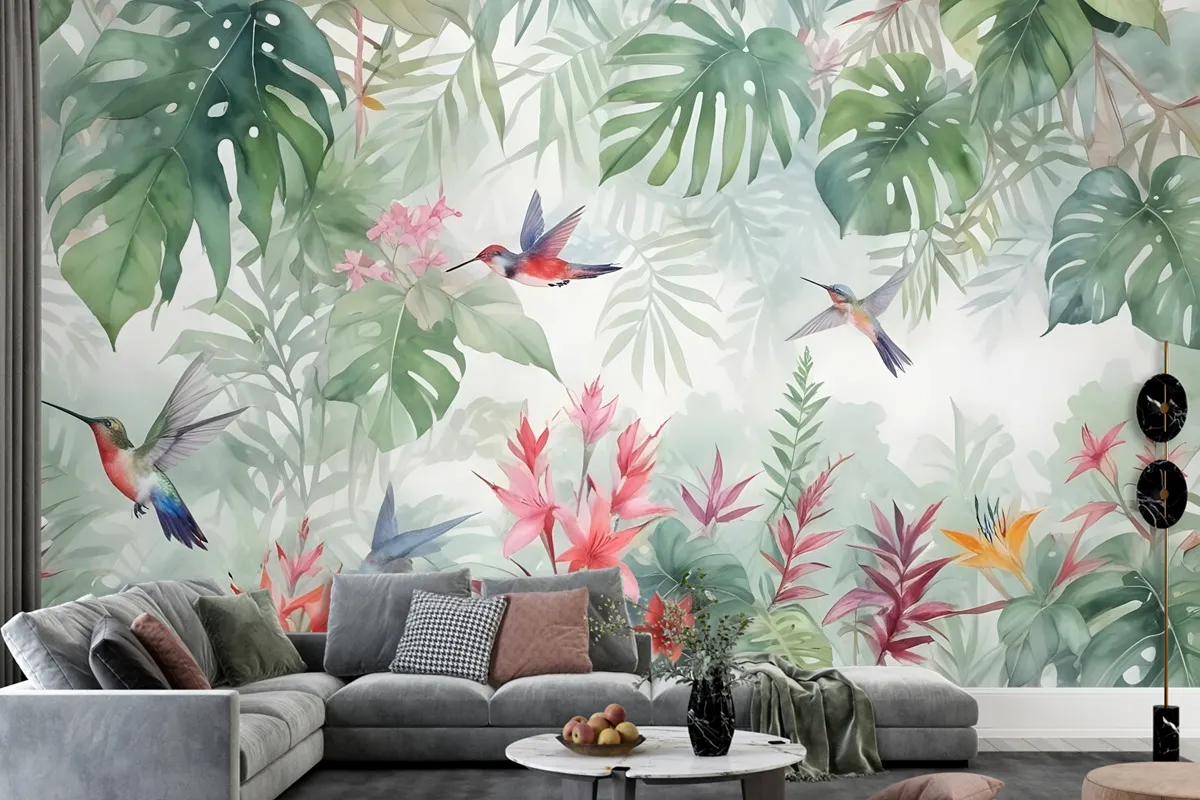 Colorful Tropical Exotic Cactus Floral With Little Birds Wallpaper Mural