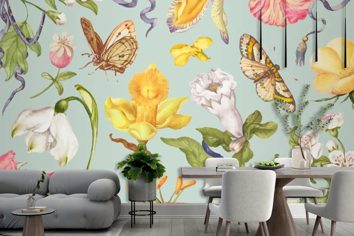 Colorful Vintage Floral Pattern On Green Background Wallpaper Mural