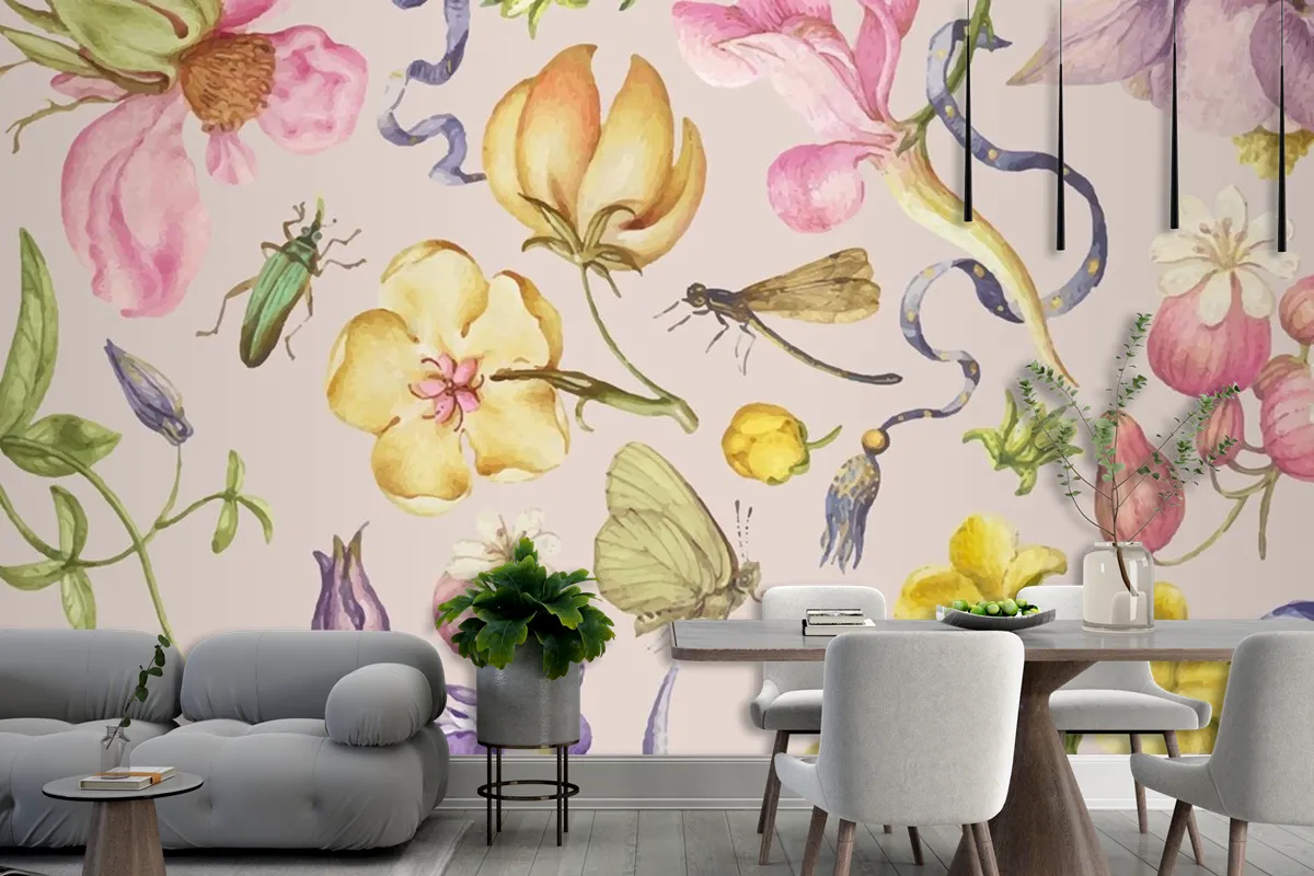 Colorful Vintage Floral Pattern Vector On Pink Wallpaper Mural